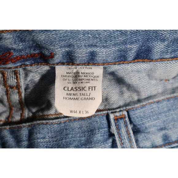 Eddie Bauer Jeans Mens 44x36 Blue Classic Fit Premium Denim Distressed Raw Hem - Picture 8 of 9